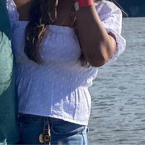 1.State White Short Sleeve Square Neck Eyelet Crop Top